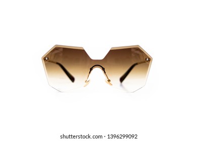 Rimless heptagon frame brown gradient sunglasses at isolated white background  front view