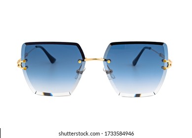 Rimless rectangular sunglasses and parliament blue color gradient lenses   isolated white background  front view 