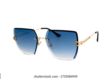 Rimless rectangular sunglasses and parliament blue color gradient lenses   isolated white background  side view 