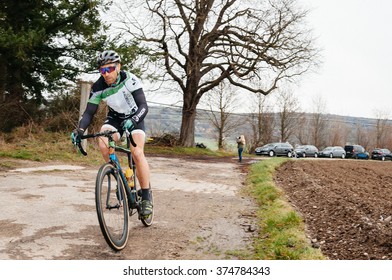 RIMSINGEN, GERMANY - February 7: Cyclocross competitors race against each other during a racing simulation in Rimsingen, Germany on 02/07/16