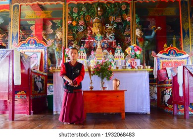 Rinchenpong, Sikkim, India - 17th October 2016 : One young boy Lama standing inside prayer room at Rinchenpong monastery with decorated murals on the roof and walls. Shot from below.