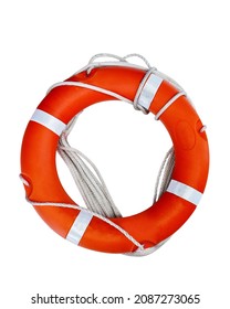 Ring buoy with rope flotation assistance security emergency in water isolated on white background. This has clipping path.