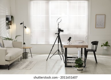 Ring Light, Camera And Microphone For Blogging In Room