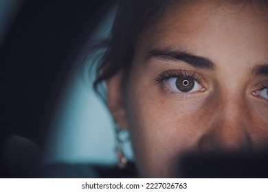 Ring light reflecting in woman's eye, face close up - Shutterstock ID 2227026763