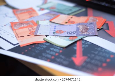 Ringgit Malaysia with graph falling down shows depreciation of currency