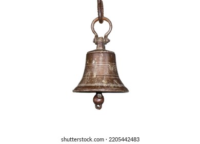 Ringing the old bell in the temple, golden metal old bell isolated on white background