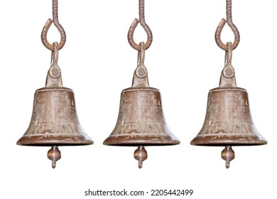 Ringing the old bell in the temple, golden metal old bell isolated on white background - Shutterstock ID 2205442499