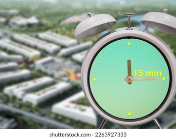Ringing twin bell vintage classic alarm clock with the 15 minute city concept. - Shutterstock ID 2263927333
