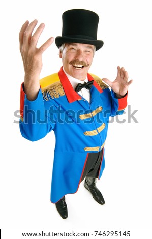 Ringmaster Circus Director, isolated on white background, senior man presenting his show