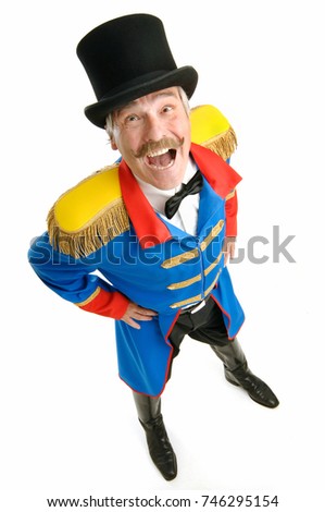 Ringmaster Circus Director, isolated on white background, senior man shouting at you to get you in