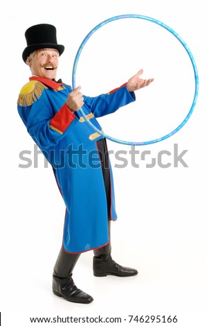 Ringmaster Circus Director, isolated on white background, senior man inviting people to jump through his hoop