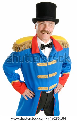 Ringmaster Circus Director, isolated on white background,  confident senior man
