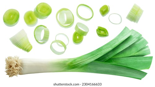 Rings of leek and leek with roots isolated on white background.