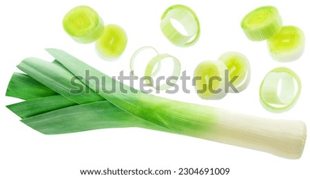 Rings of leek and leek stem isolated on white background.