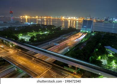 The Rinkai Line And The Tokyo Port At Night.