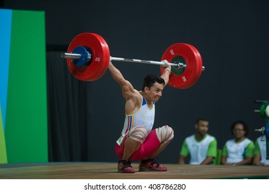 Rio, Brazil - April 4, 2016: LOPEZ Jesus (VEN) in the male category 62 kg during the Aquece Rio Weightlifting Test Event at the Arena Carioca 1