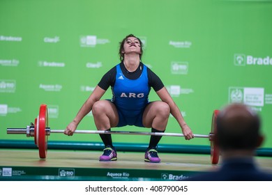 Rio, Brazil - April 4, 2016: PALACIOS JOANA (ARG) in the female category during the Aquece Rio Weightlifting Test Event at the Arena Carioca 1