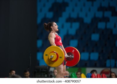 Rio, Brazil - April 4, 2016: MCCOY VANESSA GAYLE (USA) in the male category during the Aquece Rio Weightlifting Test Event at the Arena Carioca 1