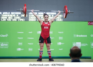 Rio, Brazil - April 4, 2016: MCCOY VANESSA GAYLE (USA) in the female category during the Aquece Rio Weightlifting Test Event at the Arena Carioca 1