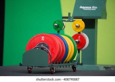 Rio, Brazil - April 4, 2016: Weight rings during the Aquece Rio Weightlifting Test Event at the Arena Carioca 1