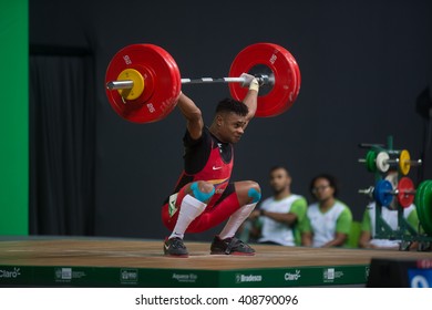 Rio, Brazil - April 4, 2016: FRANCISCO Mosquera Valencia (COL) in the male category during the Aquece Rio Weightlifting Test Event at the Arena Carioca 1