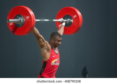 Rio, Brazil - April 4, 2016: FIGUEROA MOSQUERA Oscar Albeiro (COL) in the male category during the Aquece Rio Weightlifting Test Event at the Arena Carioca 1