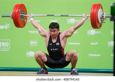 Rio, Brazil - April 4, 2016: KANGKEEREE Wattana (THA) in the male category during the Aquece Rio Weightlifting Test Event at the Arena Carioca 1