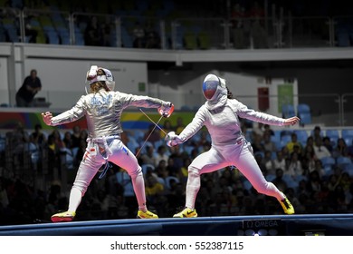 Rio, Brazil - August 08, 2016: Velikaya S. (RUS) X Brunei M. (FRA) During The Fencing Of The Rio 2016 Olympics Fencing Held At The Carioca Arena 3