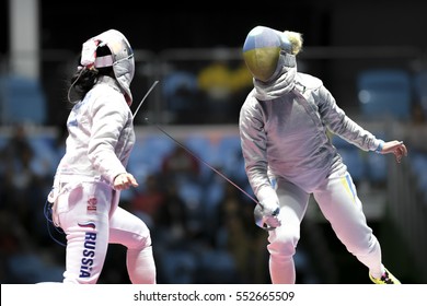 Rio, Brazil - August 08, 2016: Egorian Y. (RUS) X Kharlan O. (UKR) During The Fencing Of The Rio 2016 Olympics Fencing Held At The Carioca Arena 3