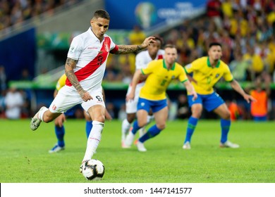 Rio, Brazil - July 7, 2019: Paolo Guerrero of Peru kicks the ball during the 2019 America Cup finals game between Brazil and Peru at Maracana Stadium.