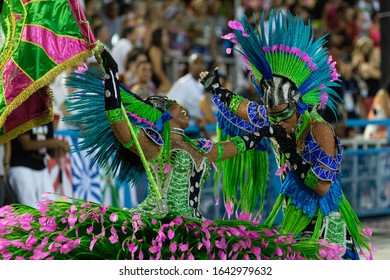 Rio, Brazil - march 04, 2019: Mangueira during the Carnival Samba School Carnival RJ 2019, at Sambodromo. Master of Ceremonies and Flag Bearer Couple
