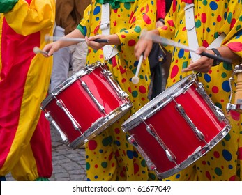 Rio Brazil Samba Cranival Music Played On Drums By Colorfully Dressed  Musicians
