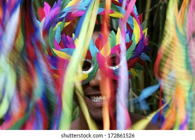 Rio Carnival Scene Features Smiling Brazilian Man In Colorful Mask With Streamers