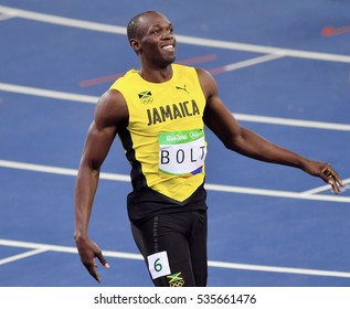Rio De Janeiro, 15 August 2016: World number one 100 meter, from Jamaica, Usain Bolt, perform at the Olympic Summer Games in Rio De Janeiro, Brazil.
