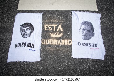 RIO DE JANEIRO, AUGUST 25, 2019:  Manifestation in favor of the Amazon Rainforest and against the government of President Jair Bolsonaro at Ipanema beach, Rio de Janeiro.