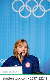 Rio De Janeiro, Brazil 08/03/2016: Katie Ledecky Talks Rio 2016 Olympic Games Swimming Competition. USA Team, American  Champion Swimmer, Set World Record, Scores Gold Medal.