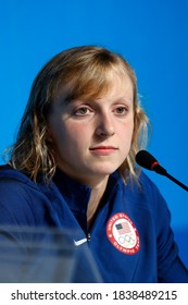 Rio De Janeiro, Brazil 08/03/2016: Katie Ledecky Talks Rio 2016 Olympic Games Swimming Competition. USA Team, American  Champion Swimmer, Set World Record, Scores Gold Medal.