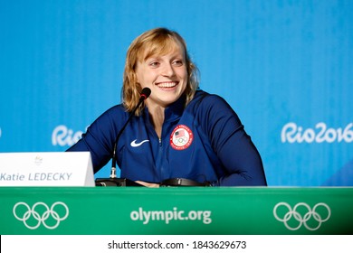 Rio De Janeiro, Brazil 08/03/2016: Katie Ledecky Talks Rio 2016 Olympic Games Swimming Competition. USA Team, American  Champion Swimmer, Set World Record, Scores Gold Medal.