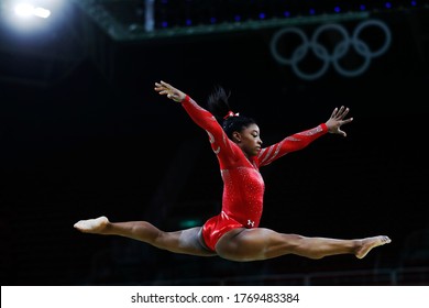 RIO DE JANEIRO, BRAZIL 08042016: Simone Biles At The Rio 2016 Summer Olympic Games Artistic Gymnastics. Athlete Of Team USA Performs A Training Session Prior To  The Medal Competition