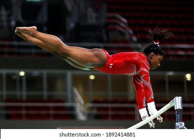 RIO DE JANEIRO, BRAZIL 08.04.2016: Simone Biles At The Rio 2016 Summer Olympic Games Artistic Gymnastics. Athlete Of Team USA Performs A Training Session Prior To  The Medal Competition