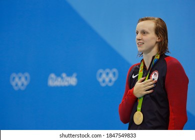 Rio De Janeiro, Brazil 08/09/2016: Katie Ledecky Wins Rio 2016 Olympic Games 200m Freestyle. USA Champion Swimmer Takes Gold Medal Swimming Competition At Aquatic Stadium