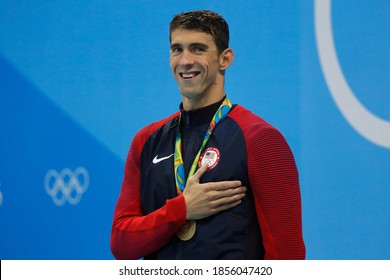 Rio De Janeiro, Brazil 08/09/2016: Michael Phelps Gold Medal At Rio 2016 Olympic Games 200m Butterfly Swim Portrait. USA Champion Record Holder Swimmer Wins Swimming Competition At Aquatic Stadium