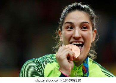 Rio De Janeiro, Brazil 08/11/2016: Mayra Aguiar Celebrates Bronze Medal Podium, Judo 78 Kg At Rio 2016 Olympic Games. Brazilian Champion Judoka Competes Half-heavyweight.