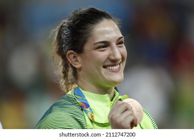 Rio De Janeiro, Brazil 08.11.2016:  Brazil's Judoka Mayra Aguiar Wins Bronze Medal, Judo 78kg At Rio 2016 Olympic Games. Brazilian Champion Beats Half-heavyweight Cuban Yalennis Castillo Competitor