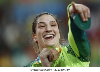 Rio De Janeiro, Brazil 08.11.2016:  Brazil's Judoka Mayra Aguiar Wins Bronze Medal, Judo 78kg At Rio 2016 Olympic Games. Brazilian Champion Beats Half-heavyweight Cuban Yalennis Castillo Competitor