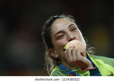 Rio De Janeiro, Brazil 08.11.2016:  Brazil's Judoka Mayra Aguiar Wins Bronze Medal, Judo 78kg At Rio 2016 Olympic Games. Brazilian Champion Beats Half-heavyweight Cuban Yalennis Castillo Competitor