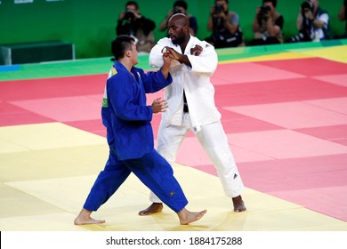 Rio de Janeiro, Brazil 08.12.2016: Teddy Riner of France wins Rio 2016 Olympic Games judo gold medal mens +100 kg category. French fighter, world champion, unbeaten over Hisayoshi Harasawa of Japan.