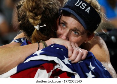 Rio De Janeiro, Brazil 08.17.2016: Womens Beach Volleyball Podium Ceremony, Rio 2016 Summer Olympic Games. American Players April Ross And Kerri Walsh Jennings Of Team USA Celebrating Bronze Medal.