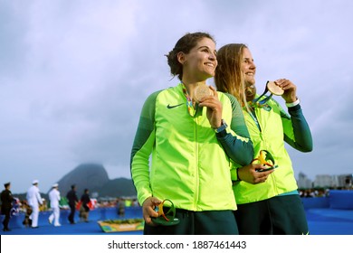 Rio De Janeiro Brazil 08.18.2016: Sailing At The Rio 2016 Olympic Games. Brazilian Sailors Martine Grael And Kahena Kunze Win Gold In The 49er FX Class. Women's Skiff Sail Medalists Podium Celebration