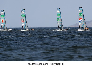 Rio De Janeiro Brazil 08.18.2016: Sailing At Rio 2016 Olympic Games. Brazilian Sailors Martine Grael And Kahena Kunze Win Gold Medal 49er FX Class Over Italy, USA And Netherlands Boat At Guanabara Bay